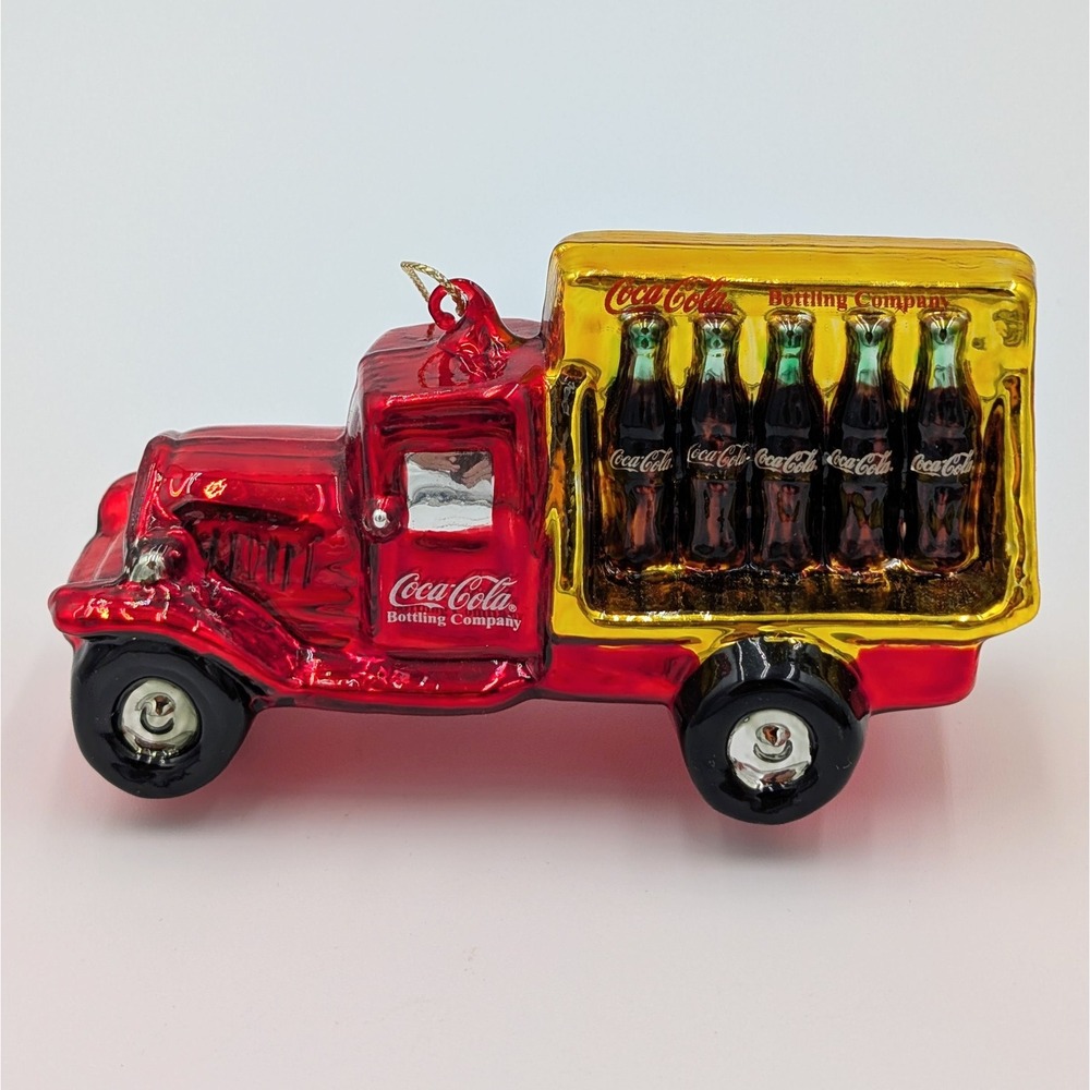 Coca-Cola Delivery Truck Blown Glass Christmas Ornament Red Yellow With Box